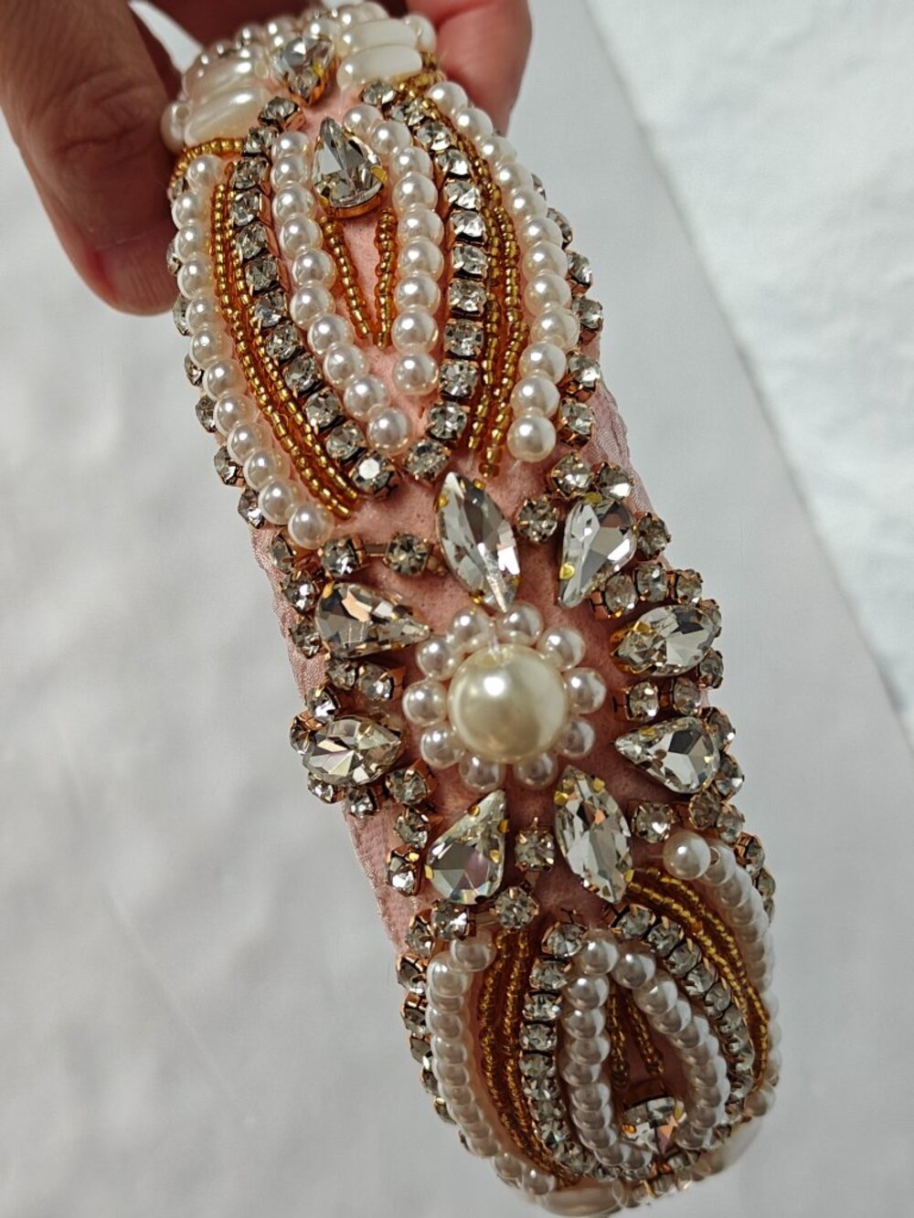 Luxury Handmade Padded Pink Headband Embellished Rhinestones Pearls Accessory